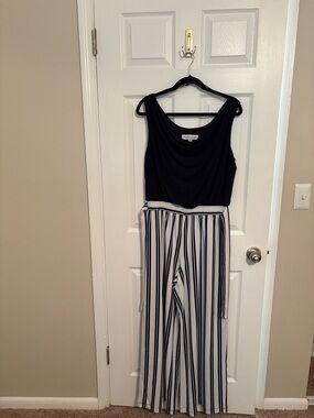 Emma & Michele Black Top with Black and White Striped Wide-Leg Jumpsuit